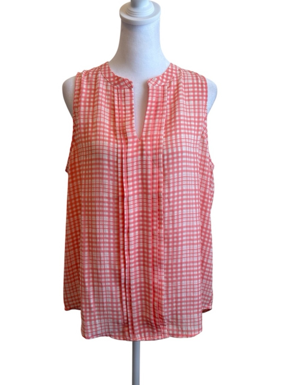 41 Hawthorn Large Petite Pink Plaid Sleeveless Pleated Split Neck Top